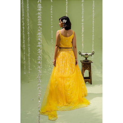 Redpine Designs Yellow Embroidered Lehenga with Blouse, Dupatta and Belt (Set of 4)