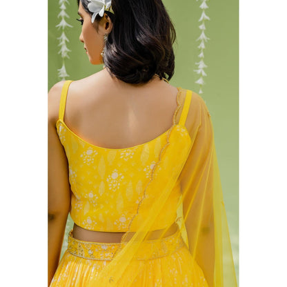 Redpine Designs Yellow Embroidered Lehenga with Blouse, Dupatta and Belt (Set of 4)