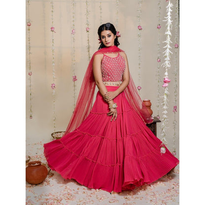 Redpine Designs Pink Mirror Lehenga with Blouse and Dupatta (Set of 3)