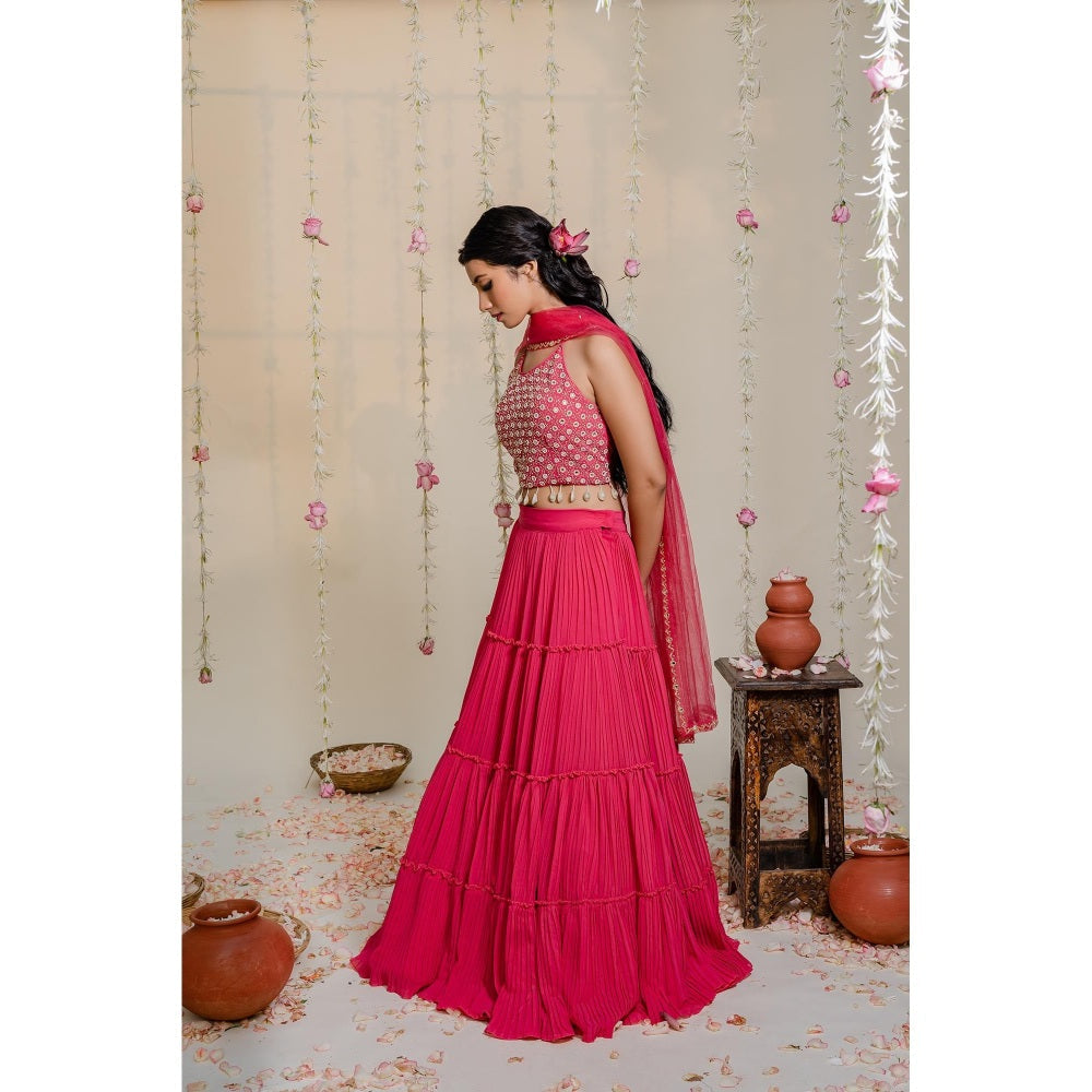 Redpine Designs Pink Mirror Lehenga with Blouse and Dupatta (Set of 3)