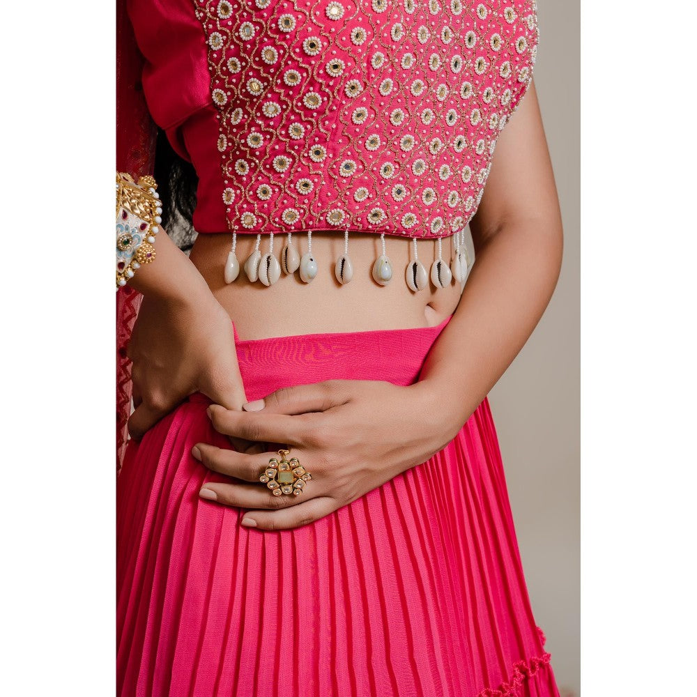 Redpine Designs Pink Mirror Lehenga with Blouse and Dupatta (Set of 3)
