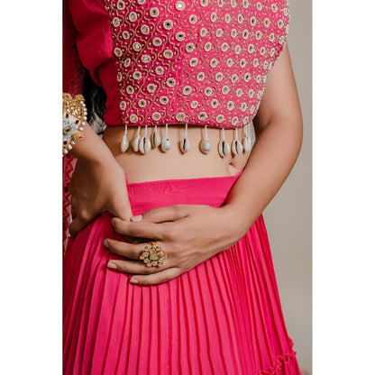 Redpine Designs Pink Mirror Lehenga with Blouse and Dupatta (Set of 3)