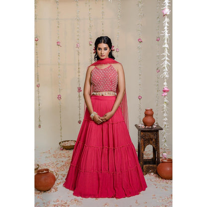 Redpine Designs Pink Mirror Lehenga with Blouse and Dupatta (Set of 3)