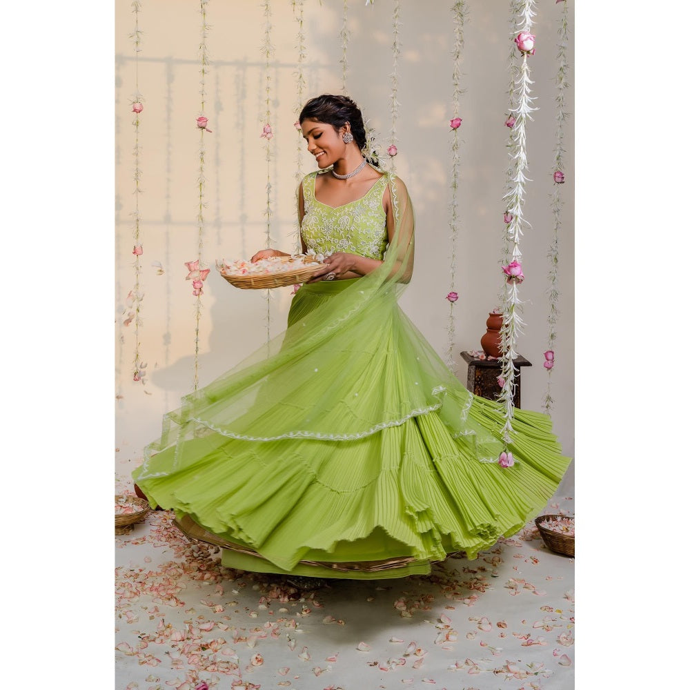 Redpine Designs Green Embroidered Lehenga with Blouse and Dupatta (Set of 3)