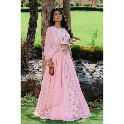 Redpine Designs Pink Printed Embroidered Lehenga with Blouse, Dupatta and Belt (Set of 4)
