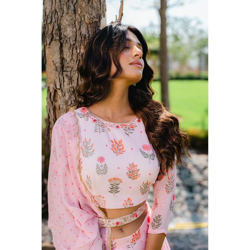 Redpine Designs Pink Printed Embroidered Lehenga with Blouse, Dupatta and Belt (Set of 4)