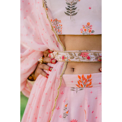 Redpine Designs Pink Printed Embroidered Lehenga with Blouse, Dupatta and Belt (Set of 4)