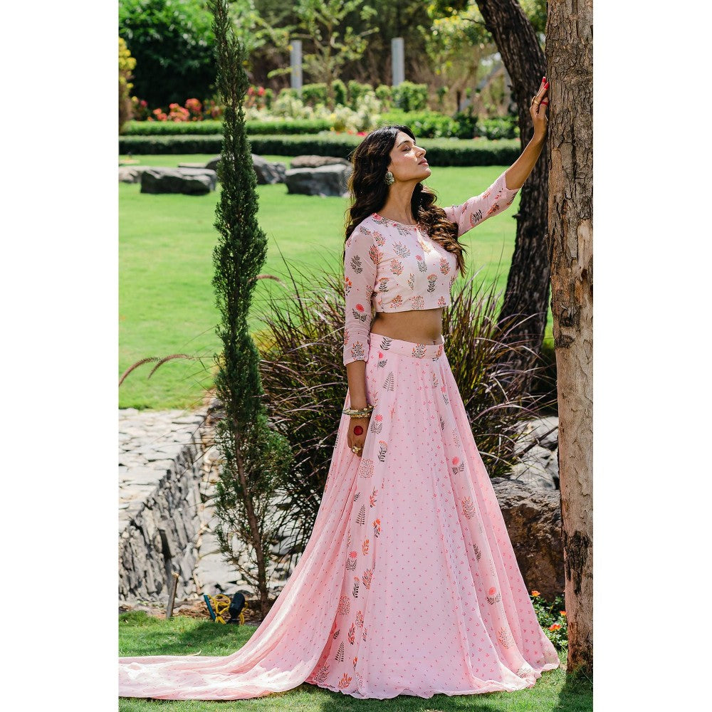 Redpine Designs Pink Printed Embroidered Lehenga with Blouse, Dupatta and Belt (Set of 4)