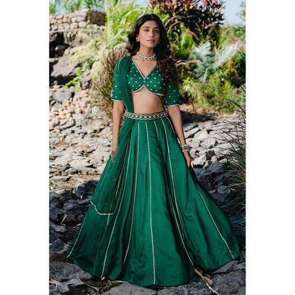 Redpine Designs Green Embroidered Lehenga with Blouse, Dupatta and Belt (Set of 4)