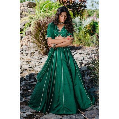 Redpine Designs Green Embroidered Lehenga with Blouse, Dupatta and Belt (Set of 4)