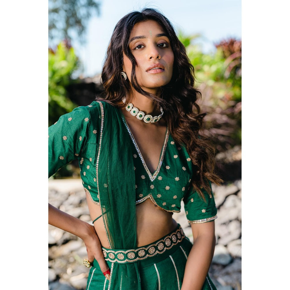 Redpine Designs Green Embroidered Lehenga with Blouse, Dupatta and Belt (Set of 4)