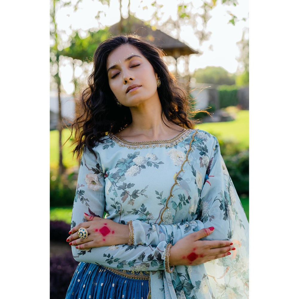 Redpine Designs Powder Blue Printed Lehenga with Blouse and Dupatta (Set of 3)