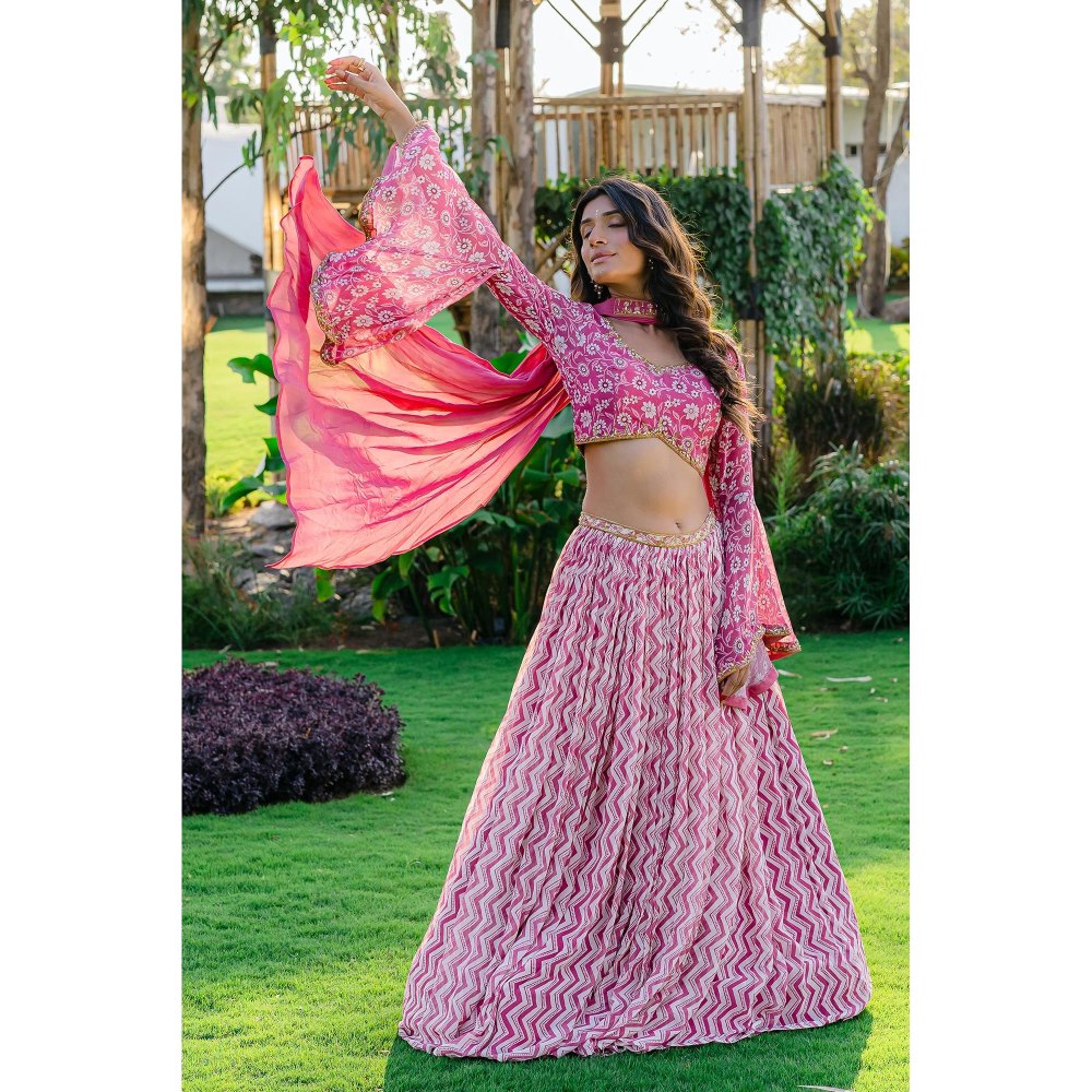 Redpine Designs Mauve Printed Lehenga with Blouse and Dupatta (Set of 3)