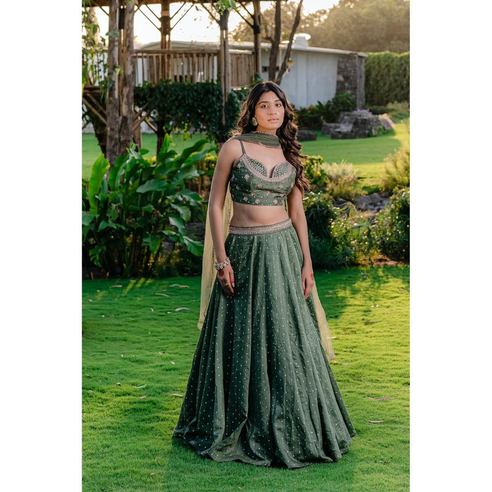 Redpine Designs Forest Green Embroidered Lehenga with Blouse and Dupatta (Set of 3)