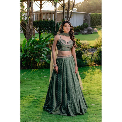 Redpine Designs Forest Green Embroidered Lehenga with Blouse and Dupatta (Set of 3)