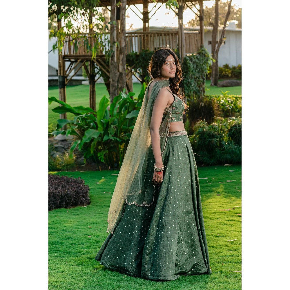 Redpine Designs Forest Green Embroidered Lehenga with Blouse and Dupatta (Set of 3)