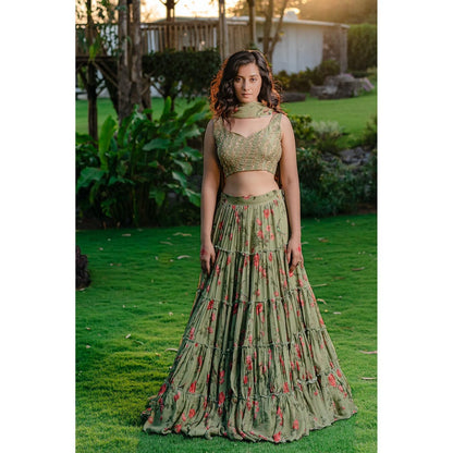 Redpine Designs Pista Green Printed Lehenga with Blouse and Dupatta (Set of 3)