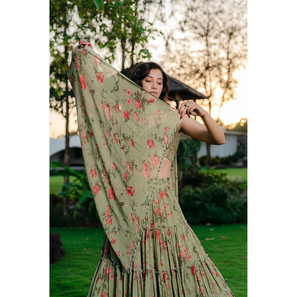 Redpine Designs Pista Green Printed Lehenga with Blouse and Dupatta (Set of 3)