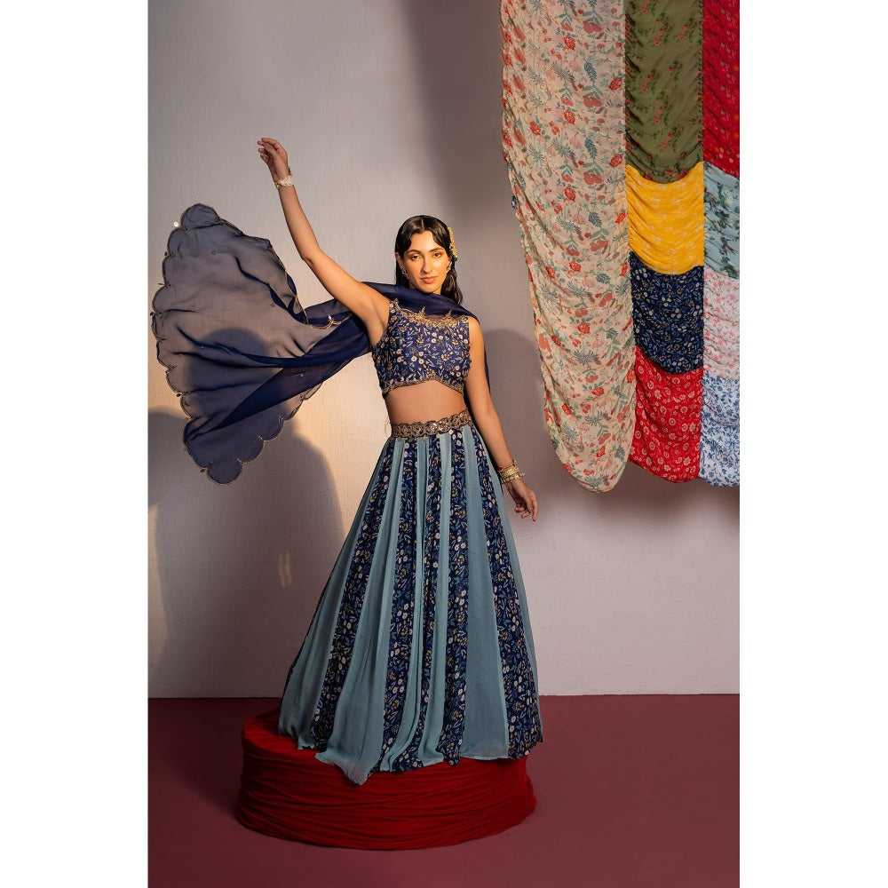 Redpine Designs Royal Blue Printed Lehenga with Blouse, Belt and Dupatta (Set of 4)