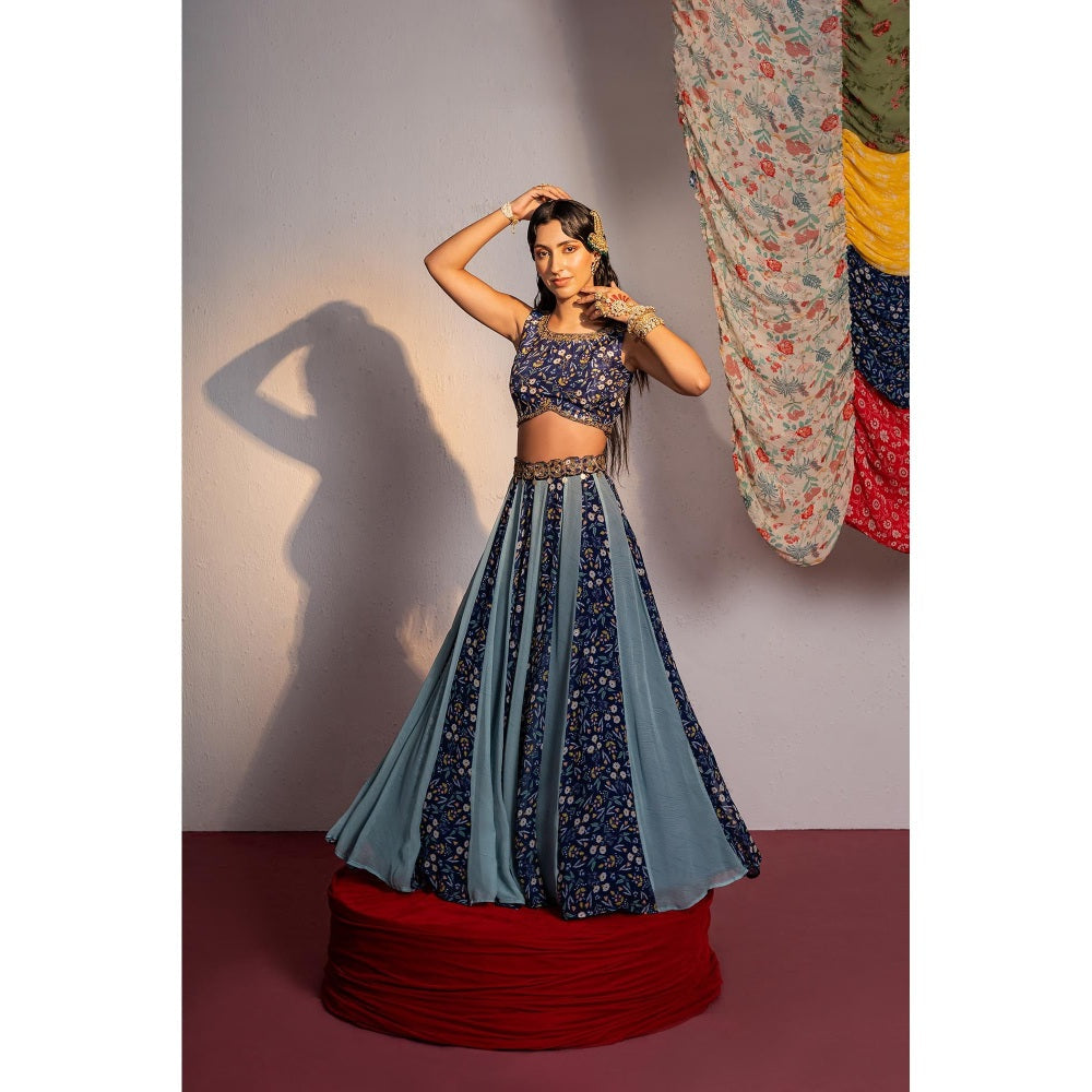 Redpine Designs Royal Blue Printed Lehenga with Blouse, Belt and Dupatta (Set of 4)