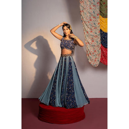 Redpine Designs Royal Blue Printed Lehenga with Blouse, Belt and Dupatta (Set of 4)