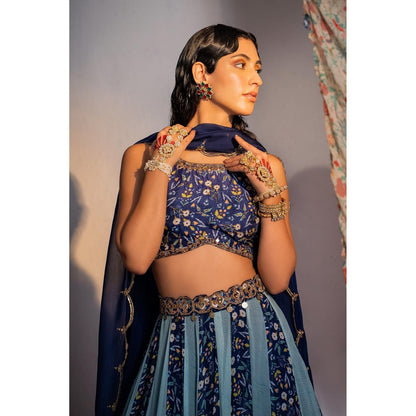 Redpine Designs Royal Blue Printed Lehenga with Blouse, Belt and Dupatta (Set of 4)