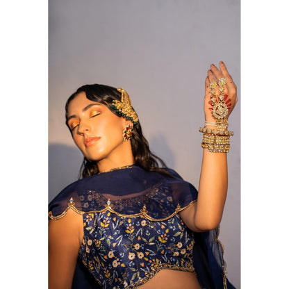 Redpine Designs Royal Blue Printed Lehenga with Blouse, Belt and Dupatta (Set of 4)