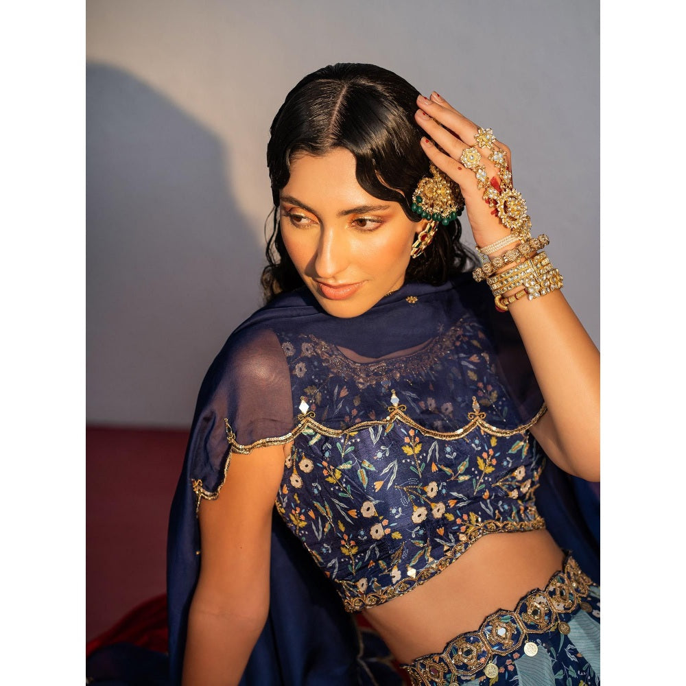 Redpine Designs Royal Blue Printed Lehenga with Blouse, Belt and Dupatta (Set of 4)