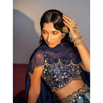 Redpine Designs Royal Blue Printed Lehenga with Blouse, Belt and Dupatta (Set of 4)