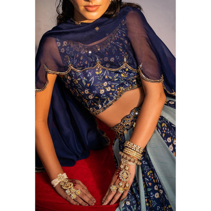 Redpine Designs Royal Blue Printed Lehenga with Blouse, Belt and Dupatta (Set of 4)