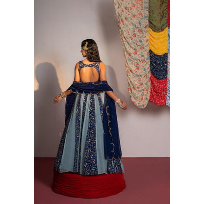Redpine Designs Royal Blue Printed Lehenga with Blouse, Belt and Dupatta (Set of 4)