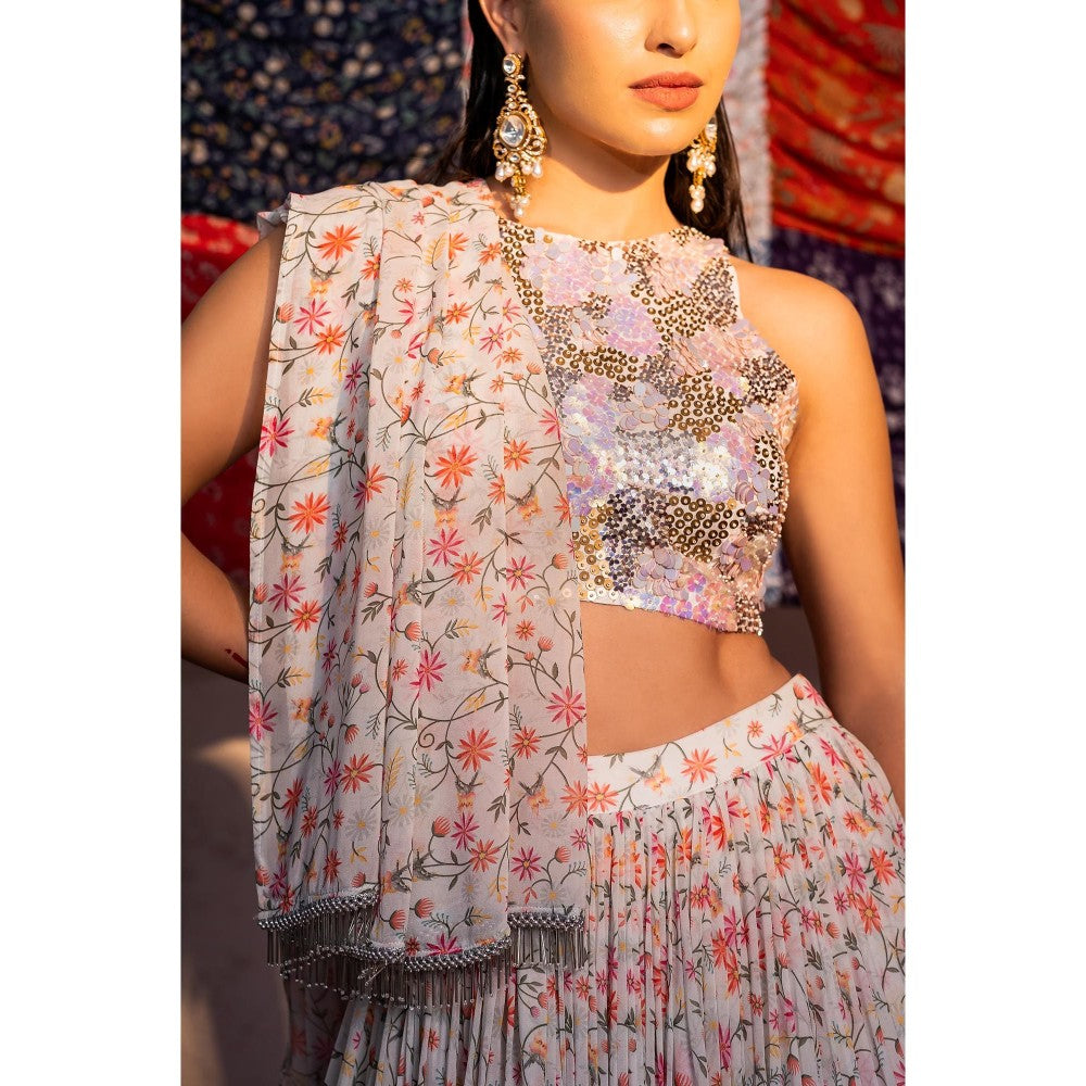 Redpine Designs Ivory Printed Lehenga with Blouse and Dupatta (Set of 3)