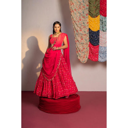 Redpine Designs Hot Pink Printed Lehenga with Blouse, Dupatta and Belt (Set of 4)