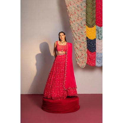 Redpine Designs Hot Pink Printed Lehenga with Blouse, Dupatta and Belt (Set of 4)