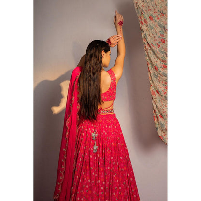 Redpine Designs Hot Pink Printed Lehenga with Blouse, Dupatta and Belt (Set of 4)