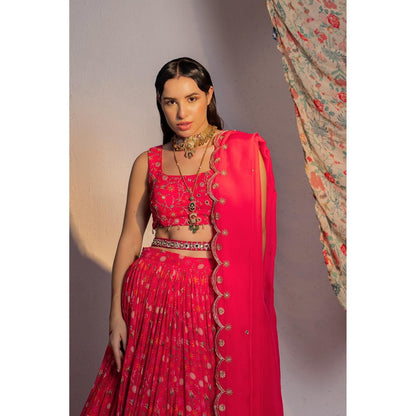 Redpine Designs Hot Pink Printed Lehenga with Blouse, Dupatta and Belt (Set of 4)