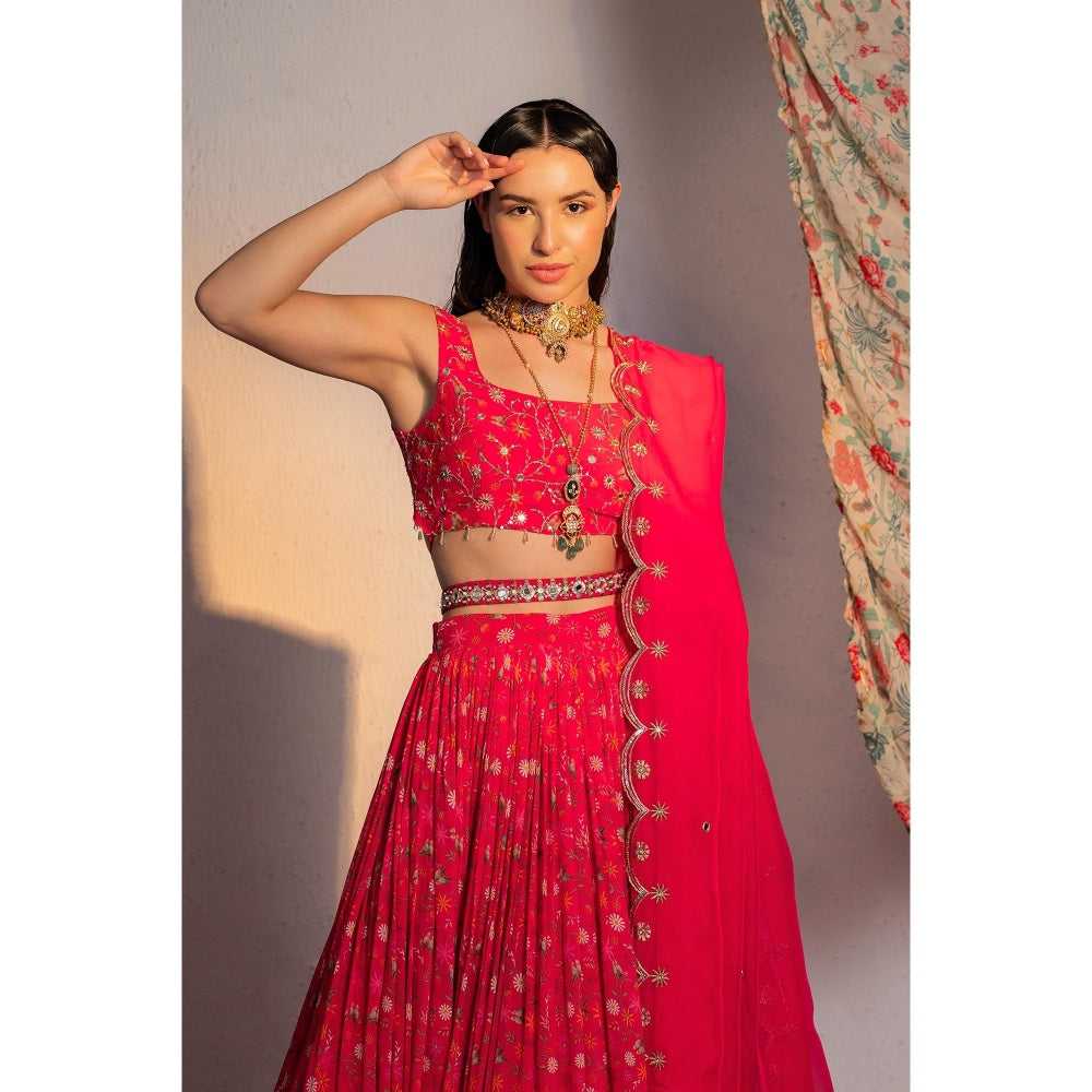 Redpine Designs Hot Pink Printed Lehenga with Blouse, Dupatta and Belt (Set of 4)