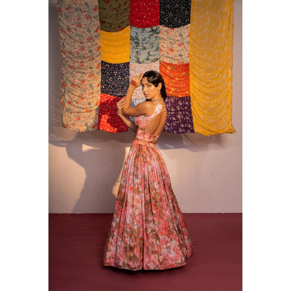 Redpine Designs Coral Printed Lehenga with Bustier and Cape (Set of 4)