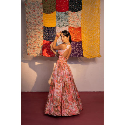 Redpine Designs Coral Printed Lehenga with Bustier and Cape (Set of 4)