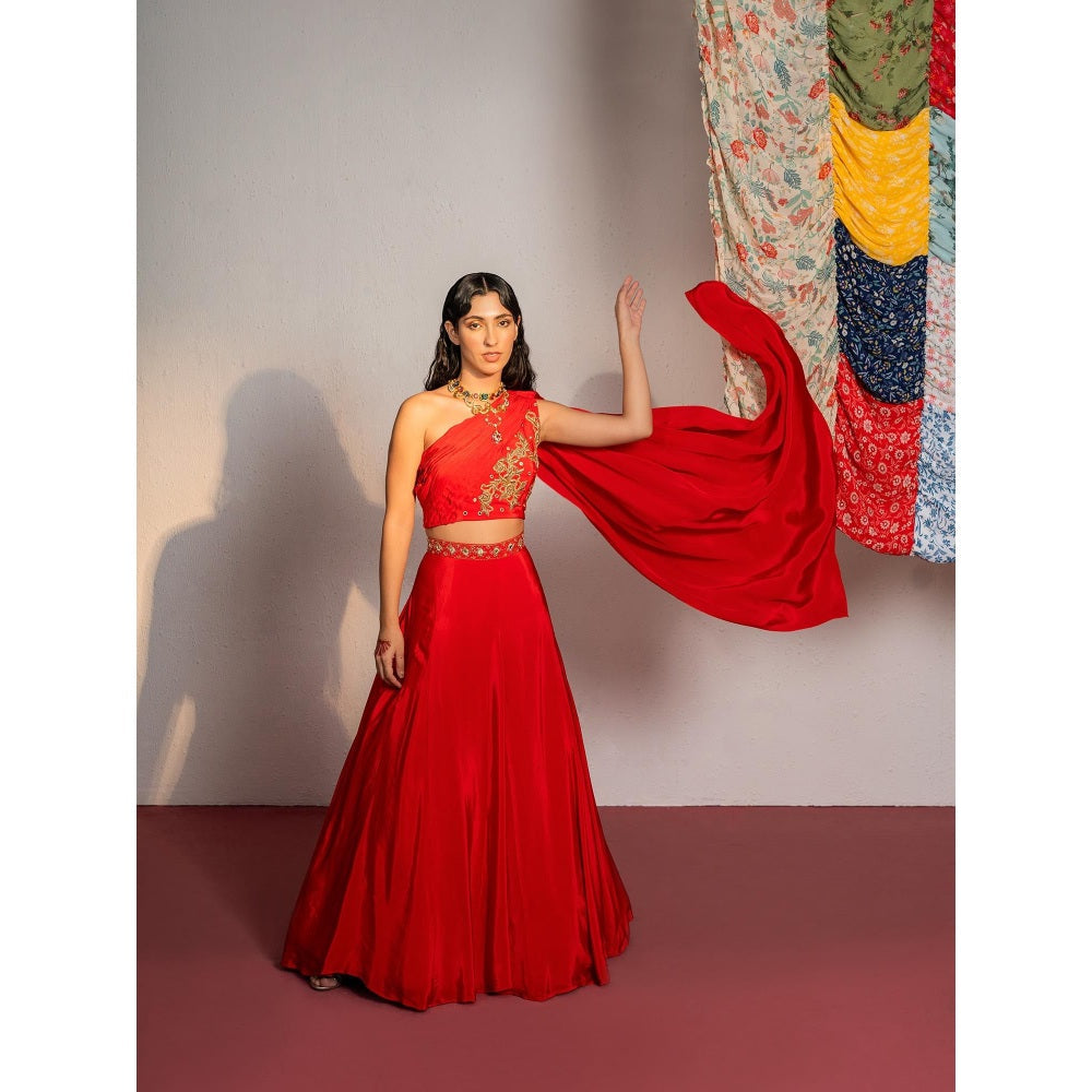 Redpine Designs Red Embroidered Lehenga with Attached Drape Blouse (Set of 2)
