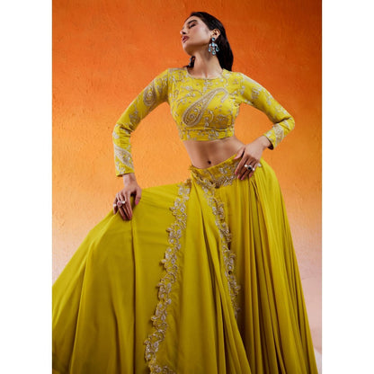 Redpine Designs Daisy Yellow Embellished Lehenga with Blouse and Dupatta (Set of 3)