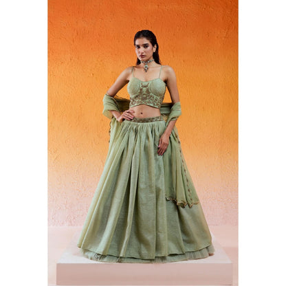 Redpine Designs Pista Green Embroidered Lehenga with Blouse and Dupatta (Set of 3)