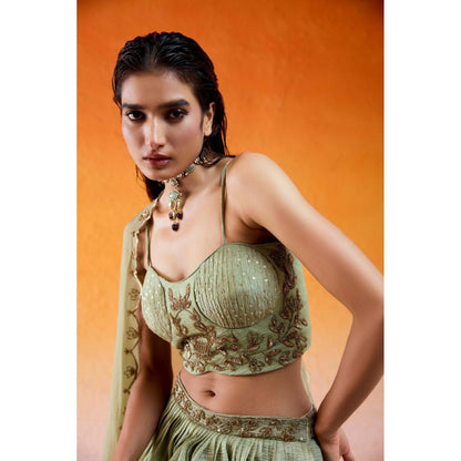 Redpine Designs Pista Green Embroidered Lehenga with Blouse and Dupatta (Set of 3)