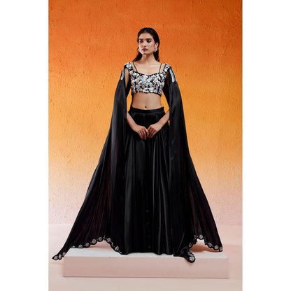 Redpine Designs Black Embellished Lehenga with Cape Attached Blouse (Set of 2)
