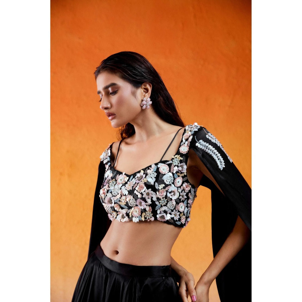 Redpine Designs Black Embellished Lehenga with Cape Attached Blouse (Set of 2)