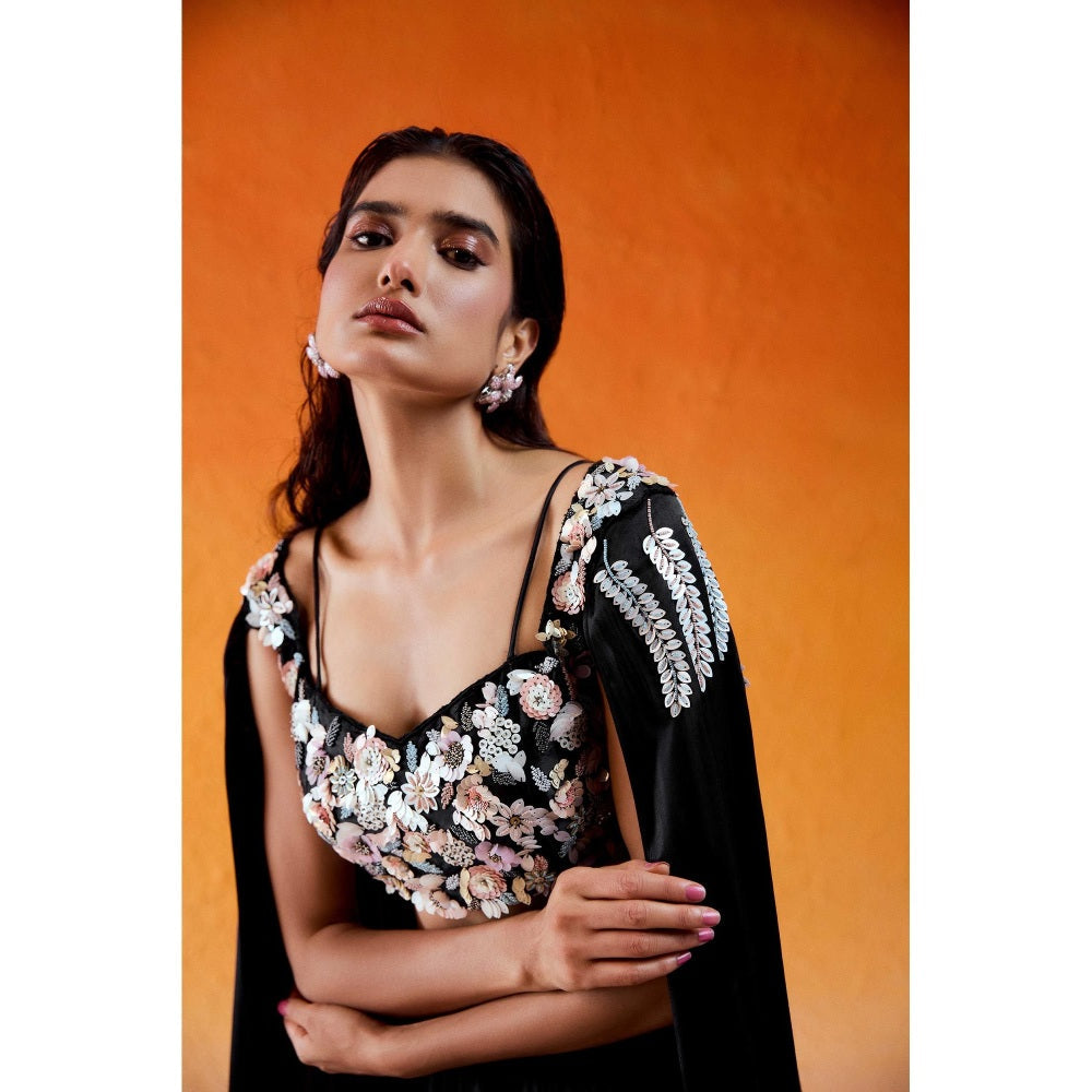 Redpine Designs Black Embellished Lehenga with Cape Attached Blouse (Set of 2)