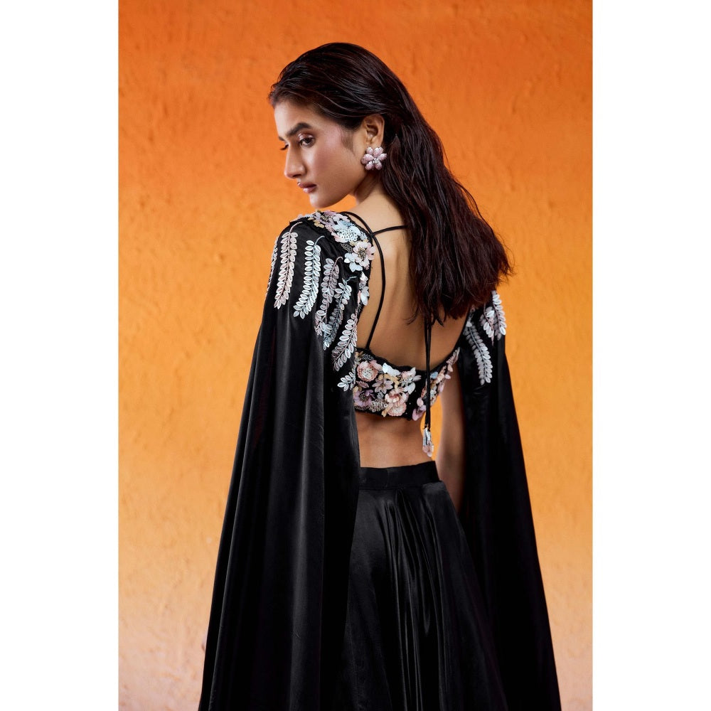 Redpine Designs Black Embellished Lehenga with Cape Attached Blouse (Set of 2)