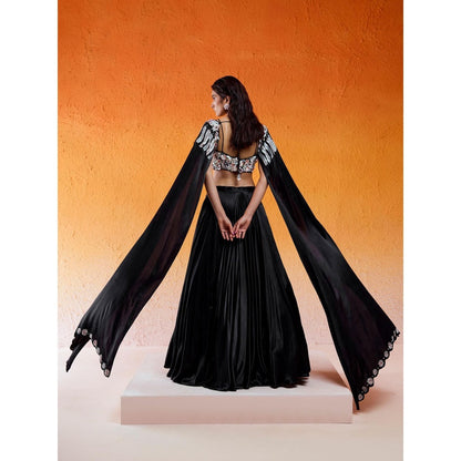 Redpine Designs Black Embellished Lehenga with Cape Attached Blouse (Set of 2)