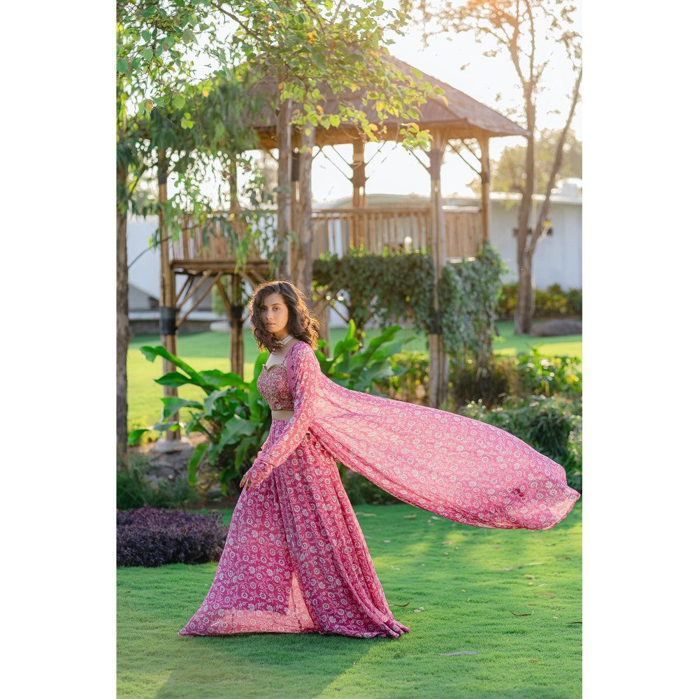 Redpine Designs Mauve Printed, Embroidered Long Jacket with Palazzo and Bustier (Set of 3)