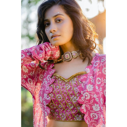 Redpine Designs Mauve Printed, Embroidered Long Jacket with Palazzo and Bustier (Set of 3)